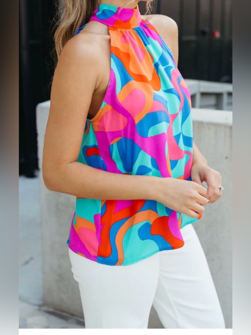 NEW Abstract Wave Halter Tank Top in Blue, Pink & Orange - Picture 9 of 13